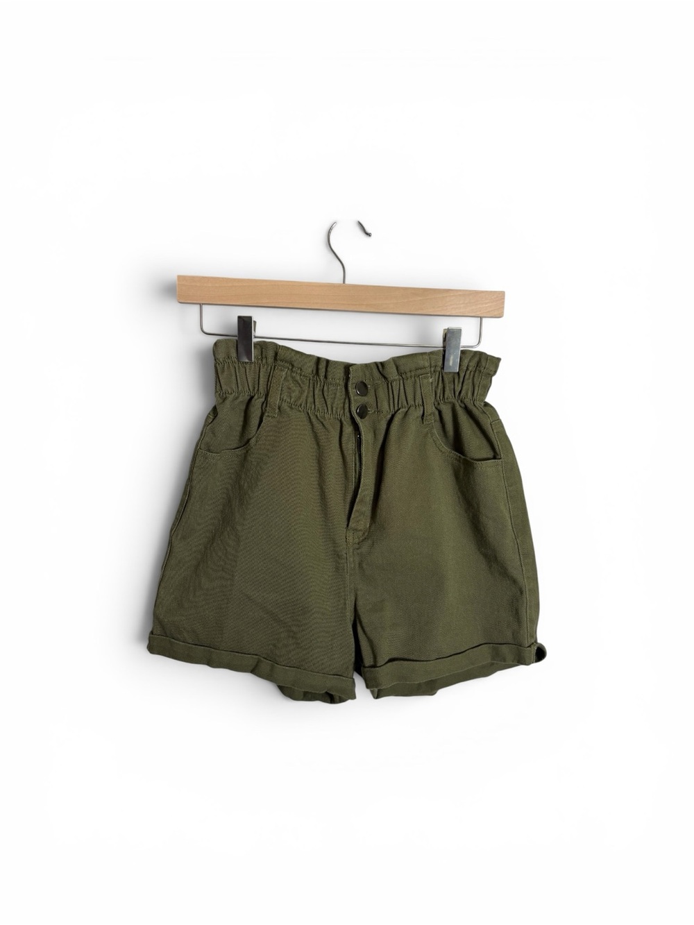 Love Tree Olive Green Elastic High Waist Shorts Cuffed Hem